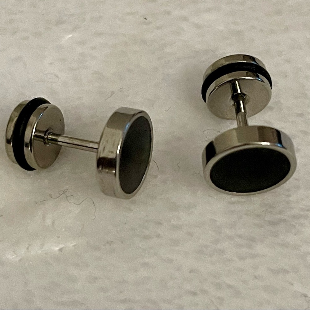 Silver & Black Flat Front & Backs- 316L Stainless Steel Earrings-Unisex - Picture 4 of 8